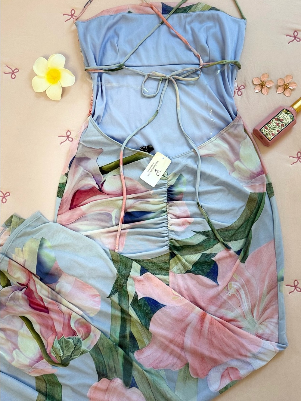 Windsor Blue Floral Halter Slip Dress with Pink & Green Print